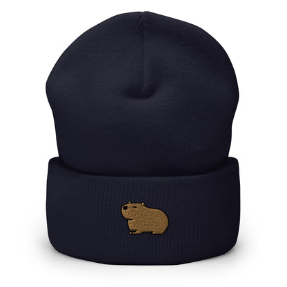 Capybara Embroidered Beanie, Handmade Cuffed Knit Unisex Slouchy Adult Winter Hat Cap Gift