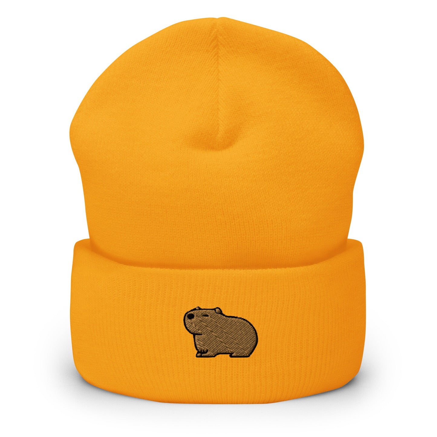 Capybara Embroidered Beanie, Handmade Cuffed Knit Unisex Slouchy Adult Winter Hat Cap Gift