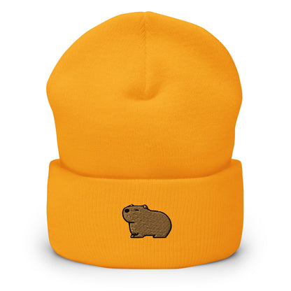 Capybara Embroidered Beanie, Handmade Cuffed Knit Unisex Slouchy Adult Winter Hat Cap Gift