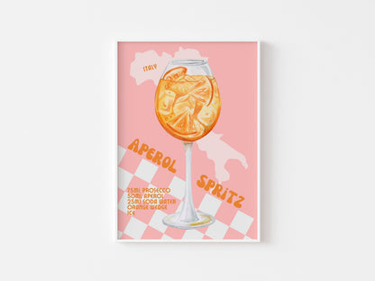 Aperol Spritz Retro Cocktail Print - Pink Checkerboard, Prosecco, Kitchen Poster, Bar Print, Trendy Alcohol Recipe Art, Colourful Groovy
