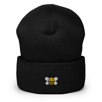 Cute Bee Embroidered Beanie, Handmade Cuffed Knit Unisex Slouchy Adult Winter Hat Cap Gift