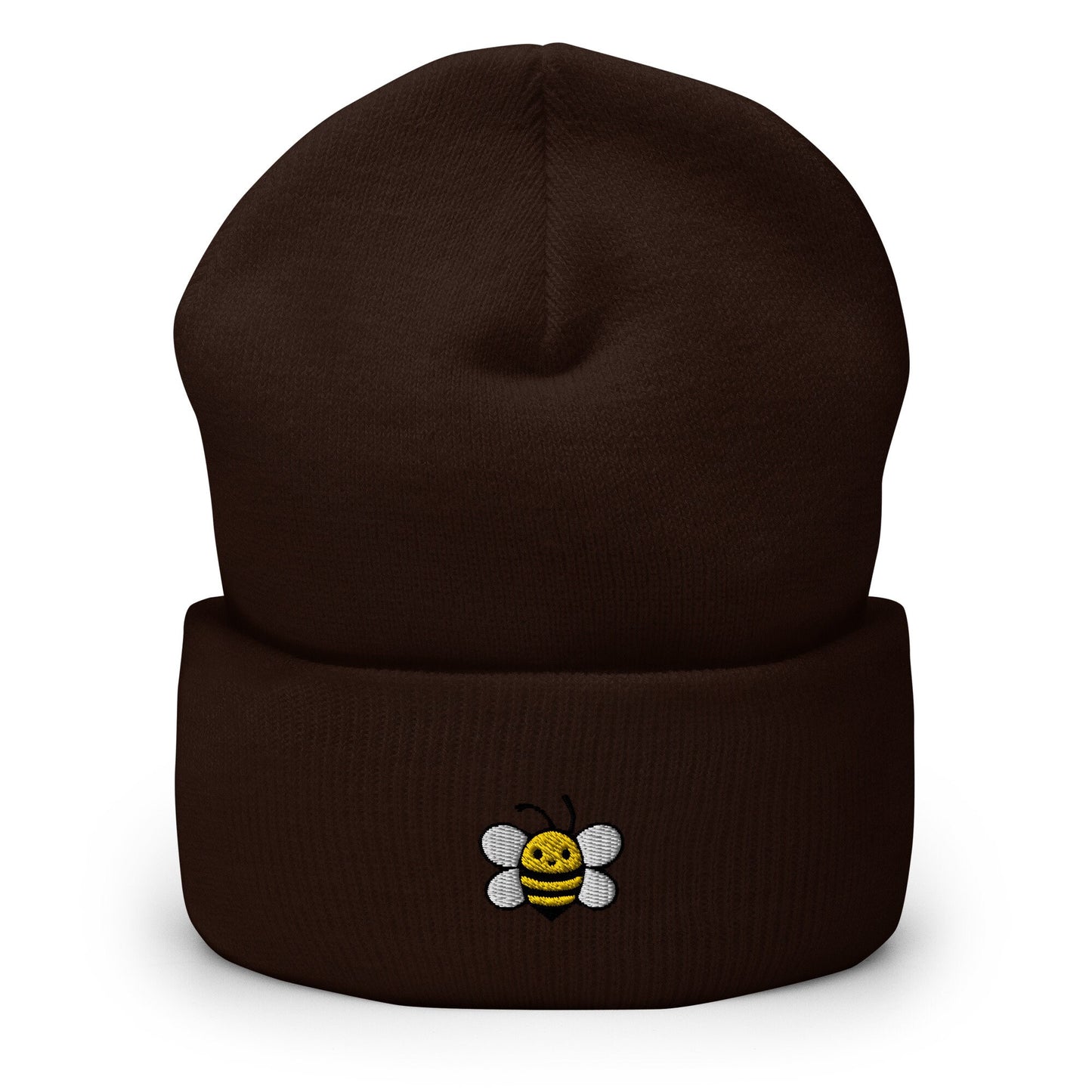 Cute Bee Embroidered Beanie, Handmade Cuffed Knit Unisex Slouchy Adult Winter Hat Cap Gift