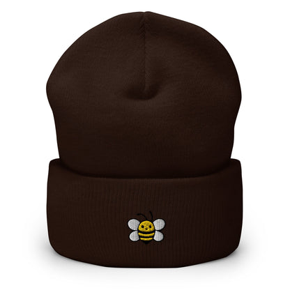 Cute Bee Embroidered Beanie, Handmade Cuffed Knit Unisex Slouchy Adult Winter Hat Cap Gift