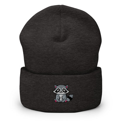Trash Panda Raccoon Embroidered Beanie, Handmade Cuffed Knit Unisex Slouchy Adult Winter Hat Cap Gift