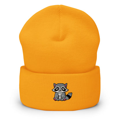 Trash Panda Raccoon Embroidered Beanie, Handmade Cuffed Knit Unisex Slouchy Adult Winter Hat Cap Gift
