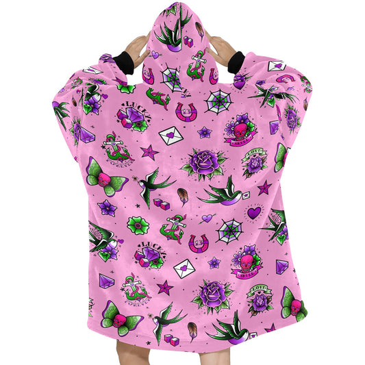 Pink Retro Tattoo Theme Blanket Hooded Jumper Hoodie Winter Oversized Kids Adults