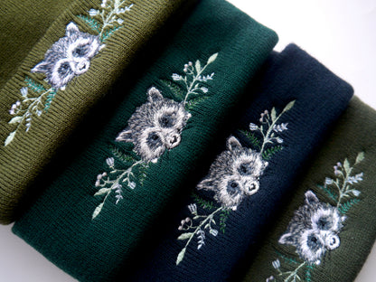 Lovely Floral Racoon Embroidered Beanie - More Colours - Free Delivery - Trash Panda