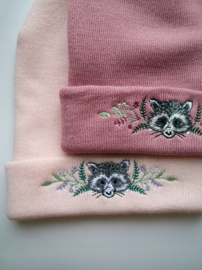 Lovely Floral Racoon Embroidered Beanie - More Colours - Free Delivery - Trash Panda