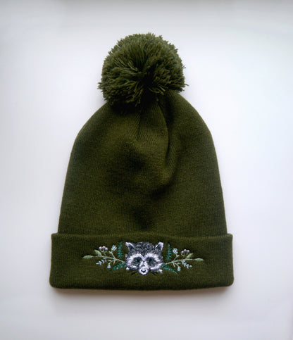 Lovely Floral Racoon Embroidered Beanie - More Colours - Free Delivery - Trash Panda