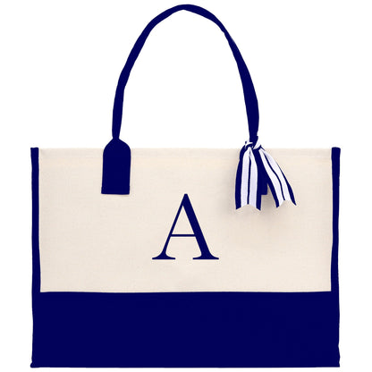 Personalized Monogram Embroidery Cotton Canvas Beach Tote Bag Initial Tote Bridesmaid Gift Tote Custom Beach Bag Gift for Her A-Z - Navy