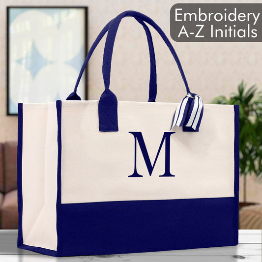 Personalized Monogram Embroidery Cotton Canvas Beach Tote Bag Initial Tote Bridesmaid Gift Tote Custom Beach Bag Gift for Her A-Z - Navy