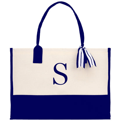 Personalized Monogram Embroidery Cotton Canvas Beach Tote Bag Initial Tote Bridesmaid Gift Tote Custom Beach Bag Gift for Her A-Z - Navy