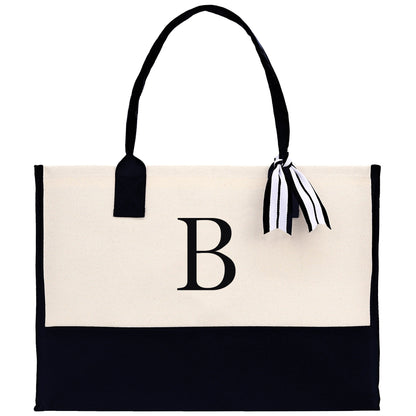 Personalized Monogram Embroidery Cotton Canvas Beach Tote Bag Initial Tote Bridesmaid Gift Tote Custom Beach Bag Gift for Her A-Z - Black
