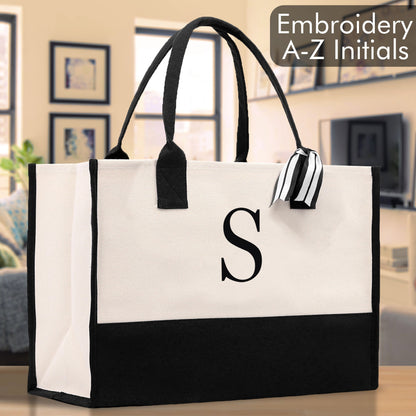 Personalized Monogram Embroidery Cotton Canvas Beach Tote Bag Initial Tote Bridesmaid Gift Tote Custom Beach Bag Gift for Her A-Z - Black