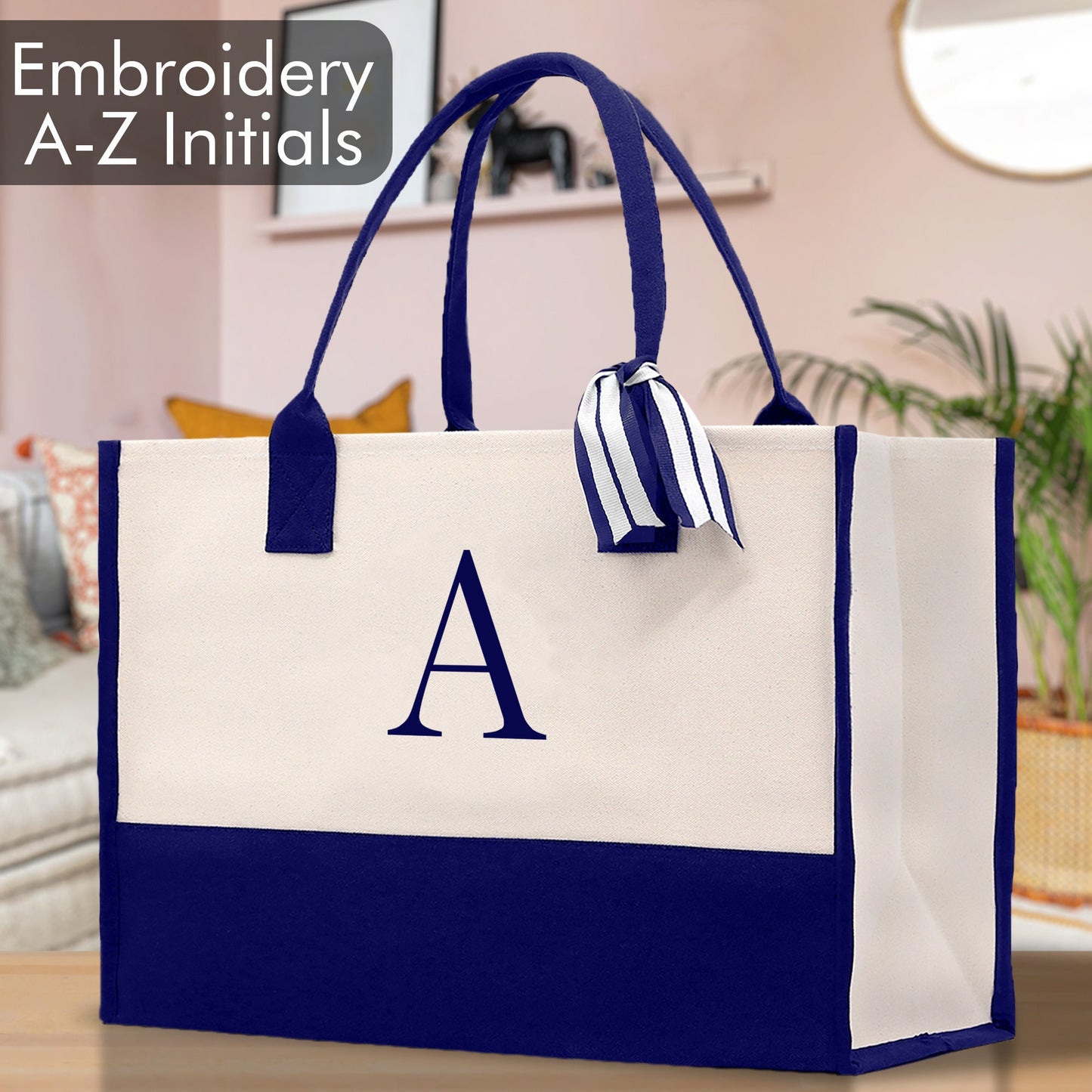 Personalized Monogram Embroidery Cotton Canvas Beach Tote Bag Initial Tote Bridesmaid Gift Tote Custom Beach Bag Gift for Her A-Z - Navy