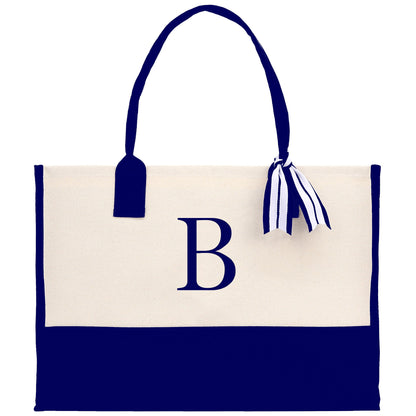 Personalized Monogram Embroidery Cotton Canvas Beach Tote Bag Initial Tote Bridesmaid Gift Tote Custom Beach Bag Gift for Her A-Z - Navy
