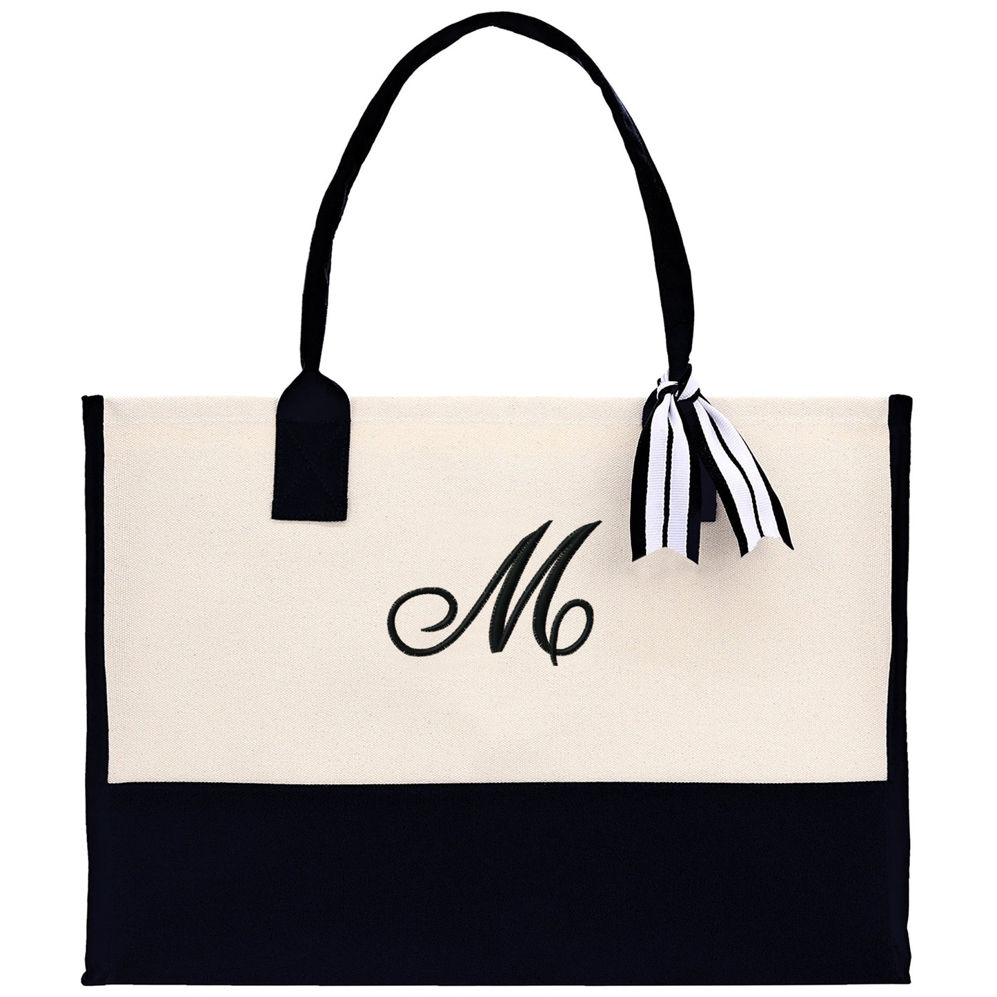 Personalized Monogram Embroidery Cotton Canvas Beach Tote Bag Initial Tote Bridesmaid Gift Tote Custom Beach Bag Gift for Her A-Z - Black