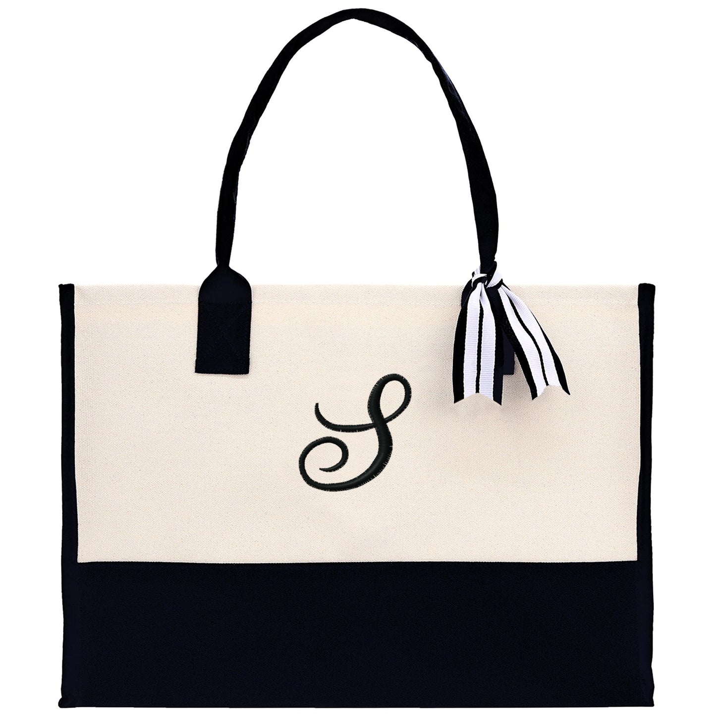 Personalized Monogram Embroidery Cotton Canvas Beach Tote Bag Initial Tote Bridesmaid Gift Tote Custom Beach Bag Gift for Her A-Z - Black