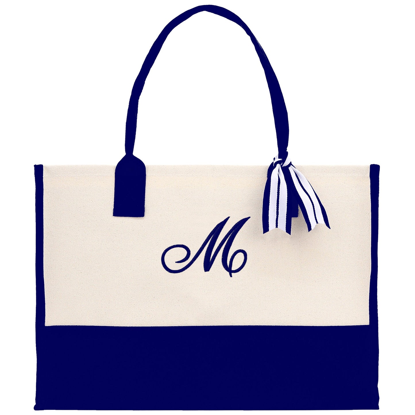 Personalized Monogram Embroidery Cotton Canvas Beach Tote Bag Initial Tote Bridesmaid Gift Tote Custom Beach Bag Gift for Her A-Z - Navy