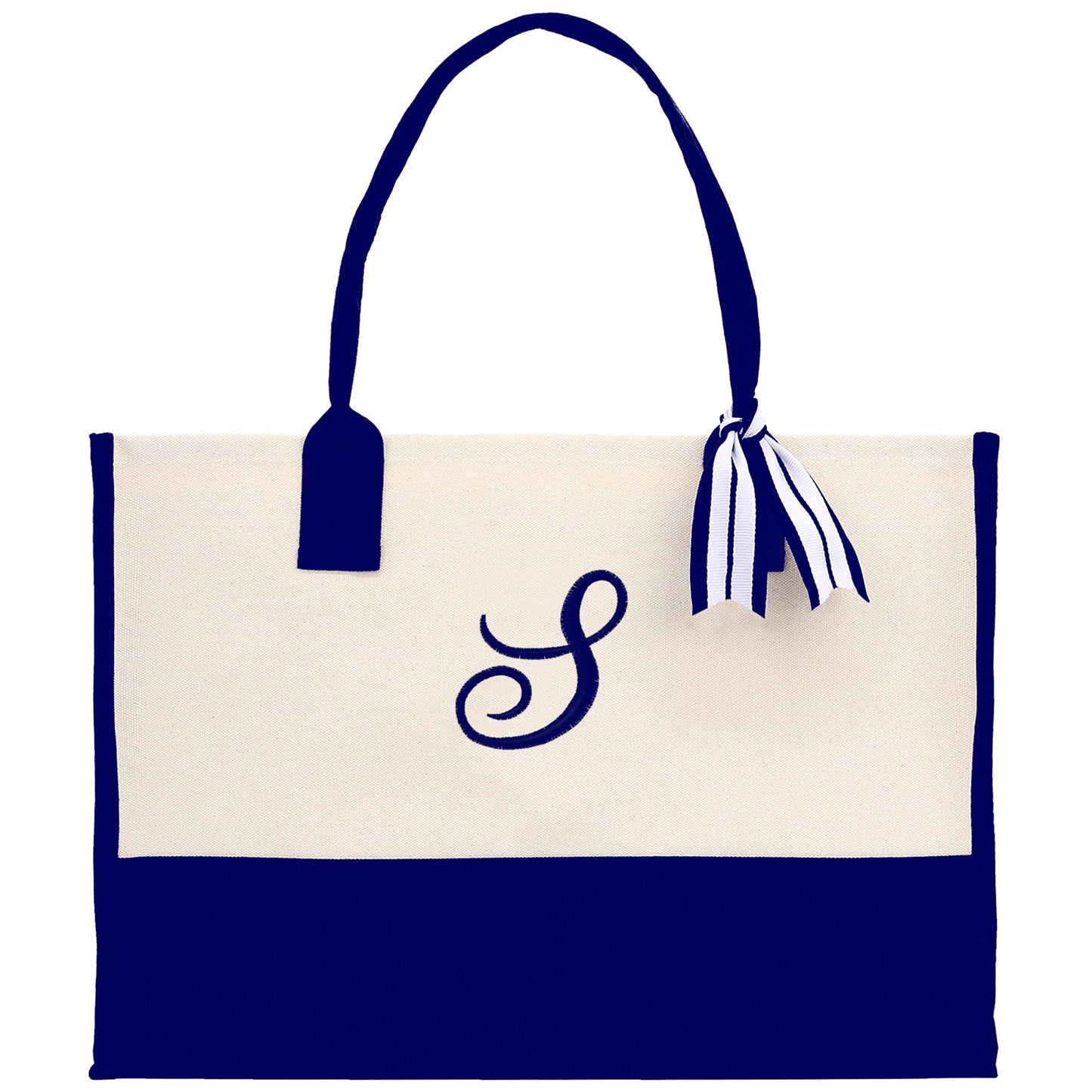 Personalized Monogram Embroidery Cotton Canvas Beach Tote Bag Initial Tote Bridesmaid Gift Tote Custom Beach Bag Gift for Her A-Z - Navy