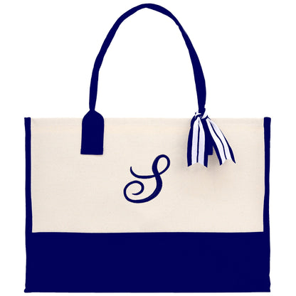 Personalized Monogram Embroidery Cotton Canvas Beach Tote Bag Initial Tote Bridesmaid Gift Tote Custom Beach Bag Gift for Her A-Z - Navy