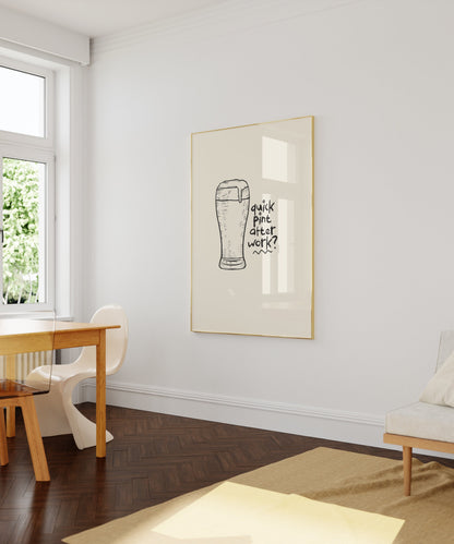Retro Quick Pint After Work? Line Art Print - Lager Beer, Kitchen Wall Art, Artisan Sketch  Lines, Minimalist Retro Food Drink, Alcohol Bar