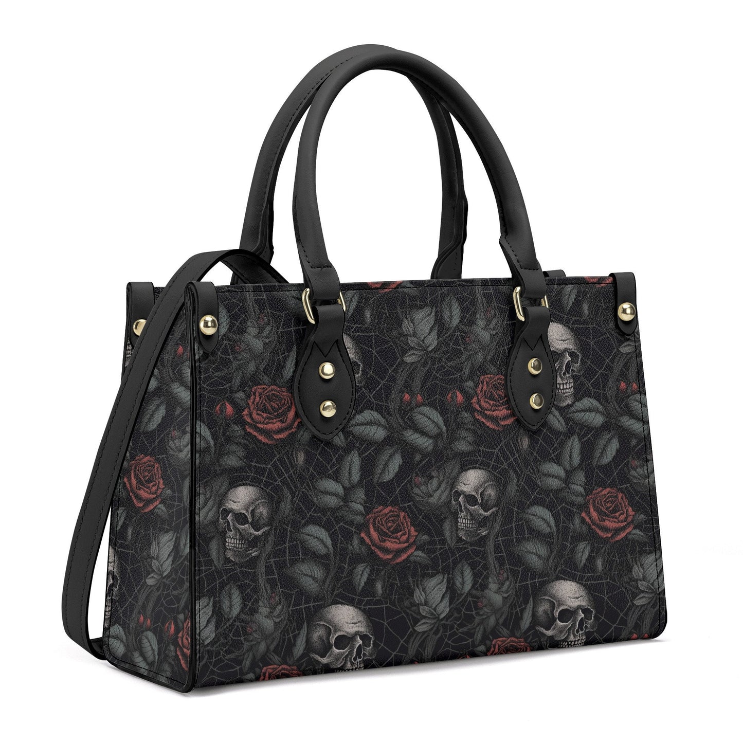 Gothic PU Leather Tote Bag, Dark Roses and skull Trendy Fashion Handbag, Dark academia Vegan Leather Handbag Gift, Black Rose Purse