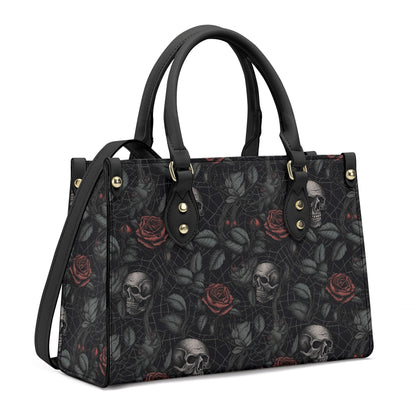 Gothic PU Leather Tote Bag, Dark Roses and skull Trendy Fashion Handbag, Dark academia Vegan Leather Handbag Gift, Black Rose Purse