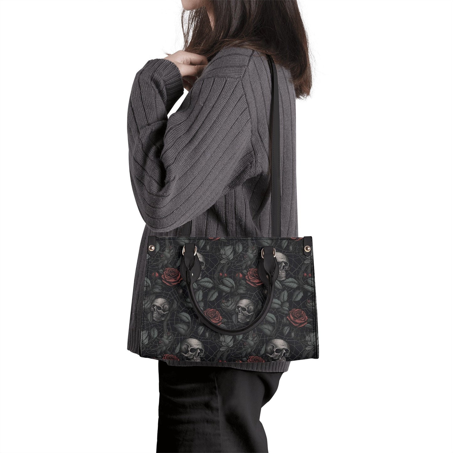 Gothic PU Leather Tote Bag, Dark Roses and skull Trendy Fashion Handbag, Dark academia Vegan Leather Handbag Gift, Black Rose Purse