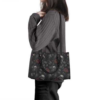 Gothic PU Leather Tote Bag, Dark Roses and skull Trendy Fashion Handbag, Dark academia Vegan Leather Handbag Gift, Black Rose Purse