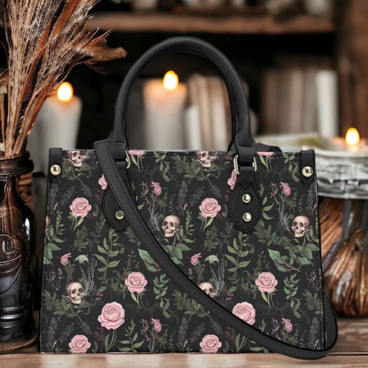 Dark Botanical Gothic PU Leather Tote Bag, Trendy Fashion Handbag for Girls & Moms, Cute Women Vegan Leather Handbag Purse, Gift For Her