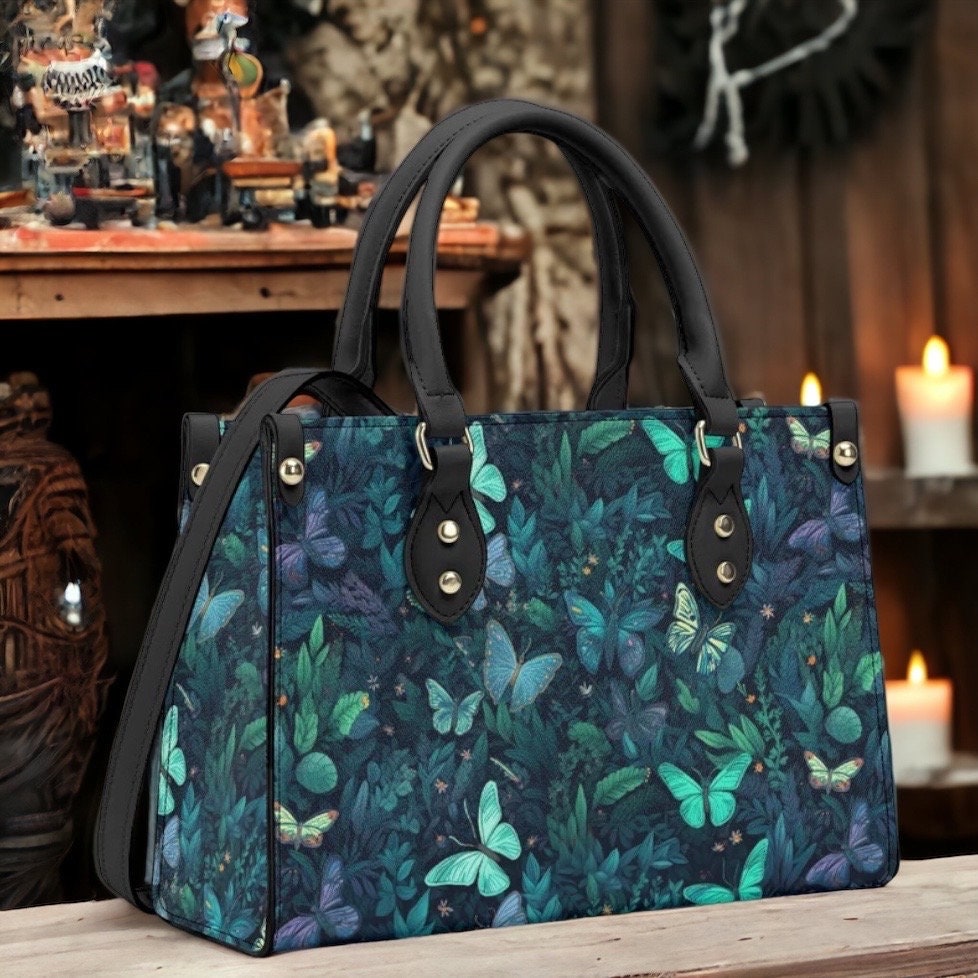 Butterflies Gothic PU Leather Tote Bag, Trendy Fashion Handbag for Girls & Moms, Vegan Leather Handbag Gift For Women, Roomy Handbag Gift