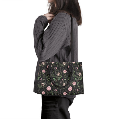 Dark Botanical Gothic PU Leather Tote Bag, Trendy Fashion Handbag for Girls & Moms, Cute Women Vegan Leather Handbag Purse, Gift For Her