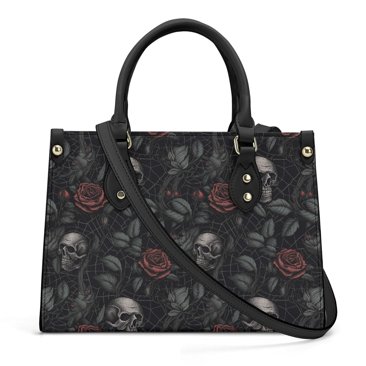 Gothic PU Leather Tote Bag, Dark Roses and skull Trendy Fashion Handbag, Dark academia Vegan Leather Handbag Gift, Black Rose Purse