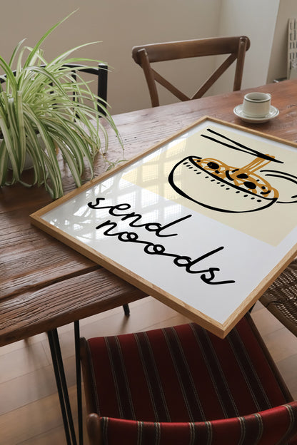Send Noods Fun Kitchen Print - Food Pun Noodles, Minimalist Quirky Retro Home Wall Art, 70s 80s 90s Wall Art, Kitchen Dining Room Art Poster