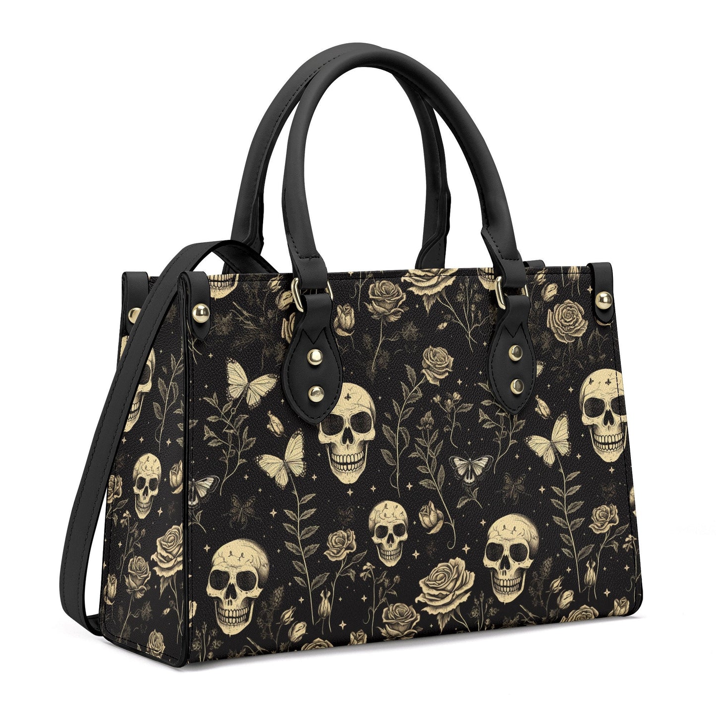Gold Skull and Roses PU Leather Tote Bag, Goth Witch Trendy Fashion Handbag, Dark academia Vegan Leather Handbag Gift, Boho Crossbody Bag