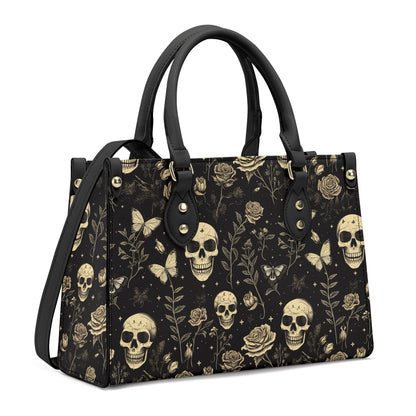 Gold Skull and Roses PU Leather Tote Bag, Goth Witch Trendy Fashion Handbag, Dark academia Vegan Leather Handbag Gift, Boho Crossbody Bag