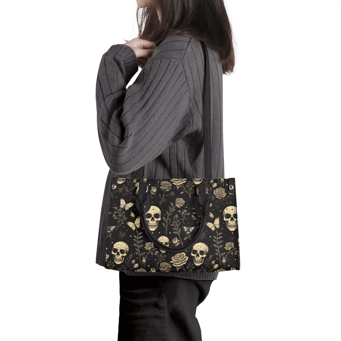 Gold Skull and Roses PU Leather Tote Bag, Goth Witch Trendy Fashion Handbag, Dark academia Vegan Leather Handbag Gift, Boho Crossbody Bag