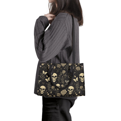 Gold Skull and Roses PU Leather Tote Bag, Goth Witch Trendy Fashion Handbag, Dark academia Vegan Leather Handbag Gift, Boho Crossbody Bag