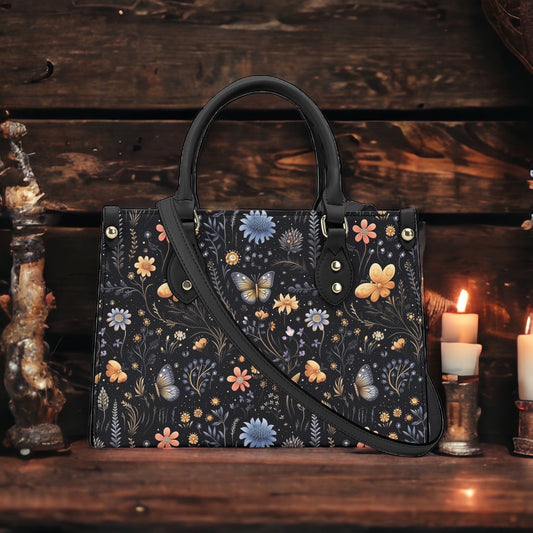 Dark Boho Wildflowers PU Leather Tote Bag, Cottagecore Butterfly Trendy Fashion Handbag, Dark academia Vegan Leather Handbag Boho Gift