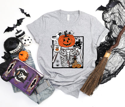 Pumpkin Skeleton Drinking Coffee Shirt, Funny Halloween T shirt, Skeleton Coffee Lover Shirts, Enjoy Pumpkin Sweatshirt, Coffee Lover Tees