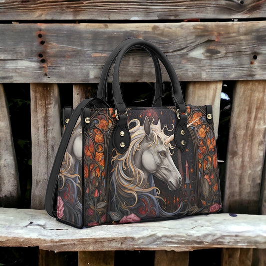 Dark Goth Unicorn Vegan Leather Handbag, Witchy Floral Unicorn Purse, Dark Cottagecore Bag, Cute Goblincore Bag, Vegan Leather Witchy Bag