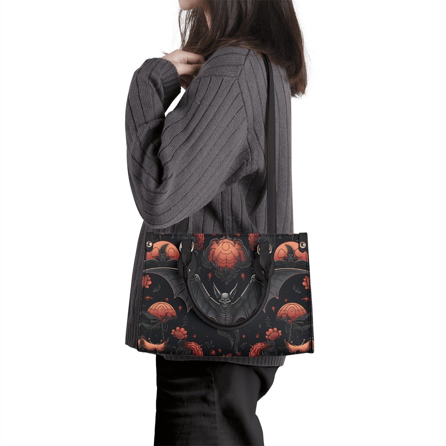 Halloween Bat Vegan Leather Bag, Horror Leather Bag, Dark Scoopy Halloween Dark Academia Handbag, Black Top Handle Bag, Gift For Halloween
