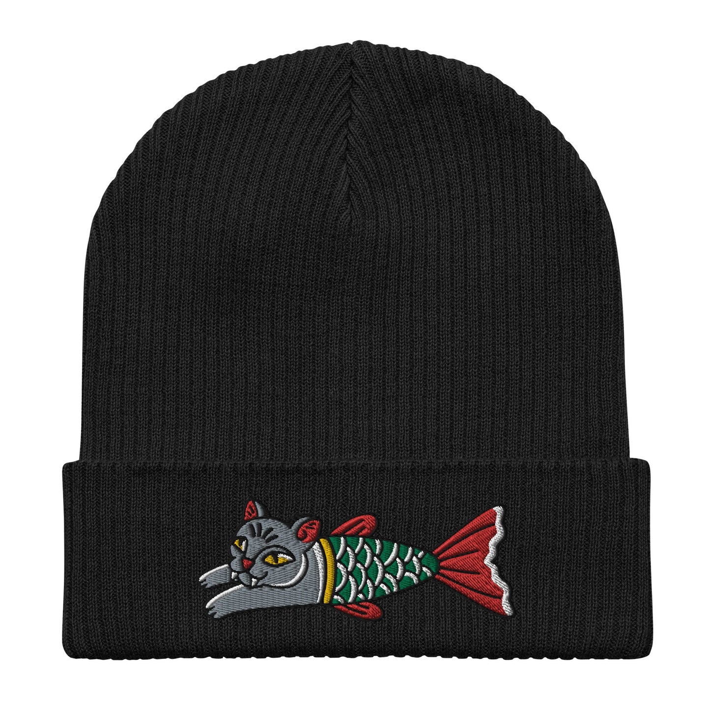Cat Mermaid Embroidered Cuffed Beanie, Tattoo Inspired Clothing, Streetwear, Punk, Grunge, Alternative Tattoo Apparel, Ribbed Cat Beanie