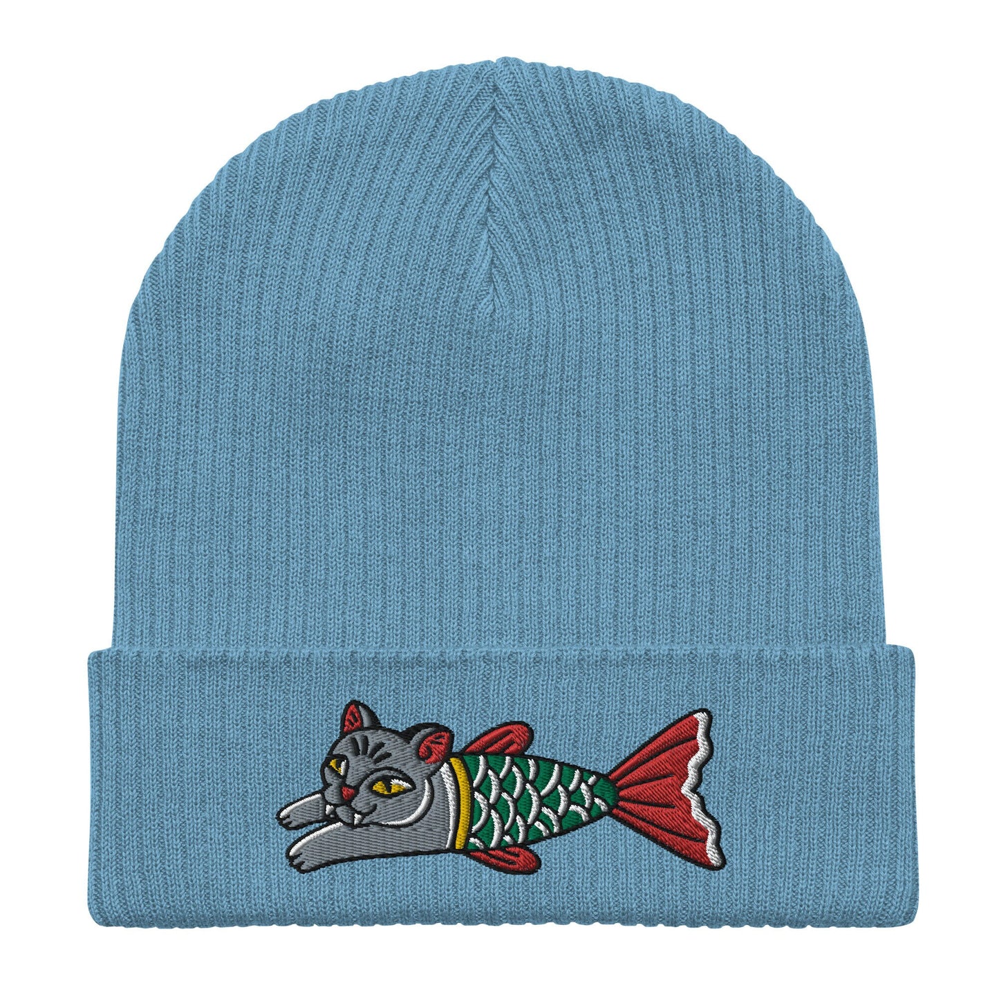 Cat Mermaid Embroidered Cuffed Beanie, Tattoo Inspired Clothing, Streetwear, Punk, Grunge, Alternative Tattoo Apparel, Ribbed Cat Beanie