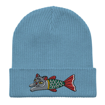 Cat Mermaid Embroidered Cuffed Beanie, Tattoo Inspired Clothing, Streetwear, Punk, Grunge, Alternative Tattoo Apparel, Ribbed Cat Beanie