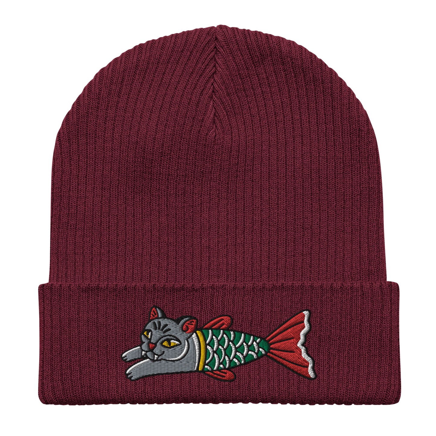 Cat Mermaid Embroidered Cuffed Beanie, Tattoo Inspired Clothing, Streetwear, Punk, Grunge, Alternative Tattoo Apparel, Ribbed Cat Beanie