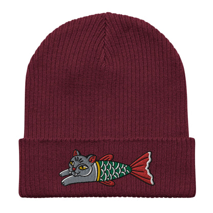 Cat Mermaid Embroidered Cuffed Beanie, Tattoo Inspired Clothing, Streetwear, Punk, Grunge, Alternative Tattoo Apparel, Ribbed Cat Beanie