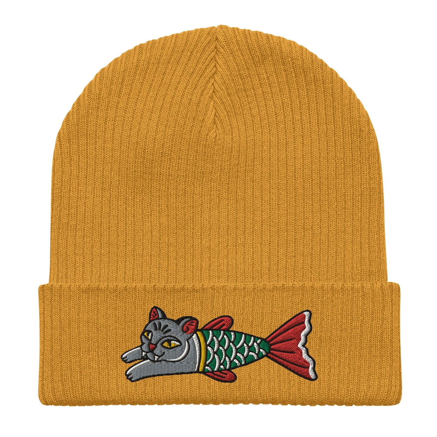 Cat Mermaid Embroidered Cuffed Beanie, Tattoo Inspired Clothing, Streetwear, Punk, Grunge, Alternative Tattoo Apparel, Ribbed Cat Beanie