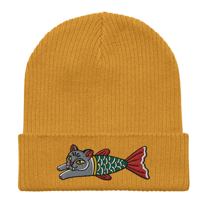 Cat Mermaid Embroidered Cuffed Beanie, Tattoo Inspired Clothing, Streetwear, Punk, Grunge, Alternative Tattoo Apparel, Ribbed Cat Beanie